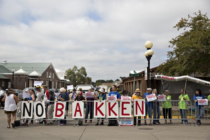 Demonstrators, including members of the "100 Grannies" group, protest the Dakota Access pipeline -- also known as the Bakken pipeline -- outside an event hosted by Sen. Joni Ernst (R-Iowa) in Des Moines in 2016.