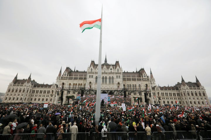 People gather at a pro-Orbán rally during Hungary's National Day celebrations on March 15, 2018.