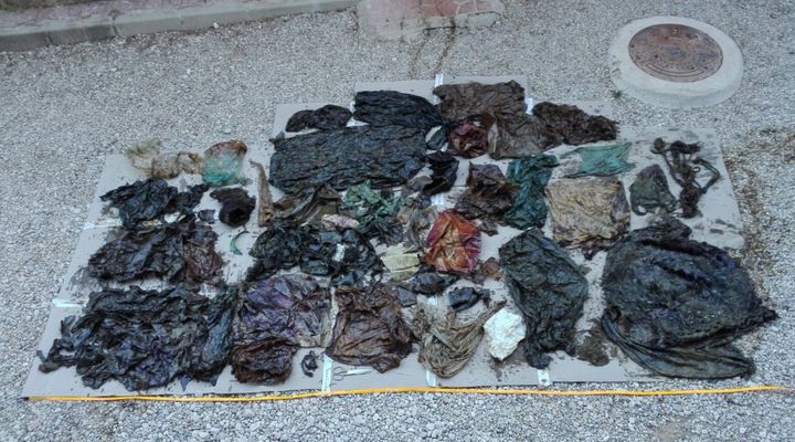 A photograph of the trash discovered inside the dead sperm whale.