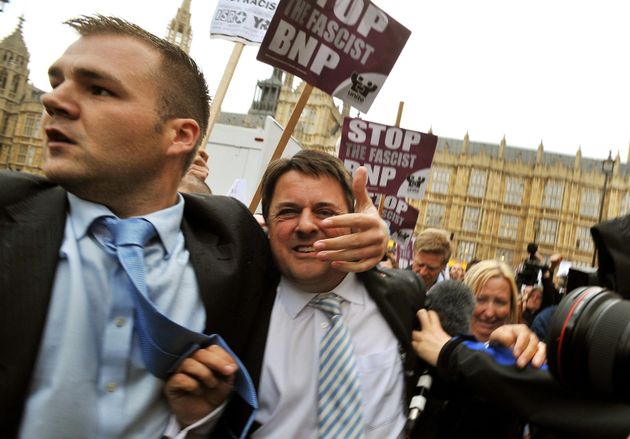 Ex-party leader Nick Griffin (pictured abandoning a press conference in June 2009 after protestors threw eggs) was an MEP and appeared on the BBC's Question Time in the party's heyday