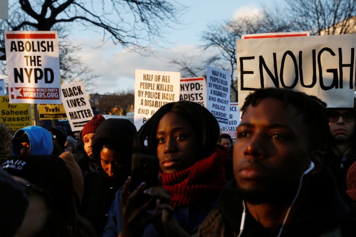 Demonstrators gather to protest the killing of Saheed Vassell in the Brooklyn borough of New York on April 5. 