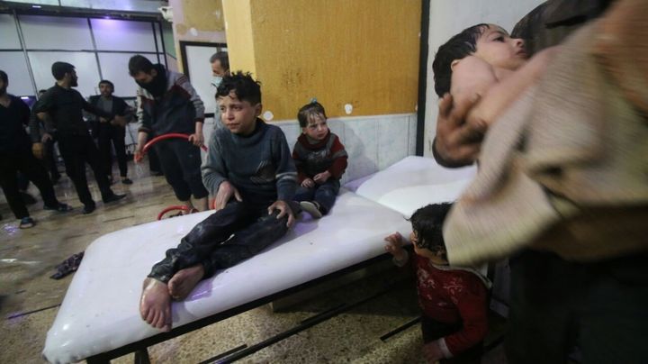Affected Syrian kids wait to receive medical treatment after Assad regime forces allegedly conducted poisonous gas attack to Duma town of Eastern Ghouta in Damascus, Syria.