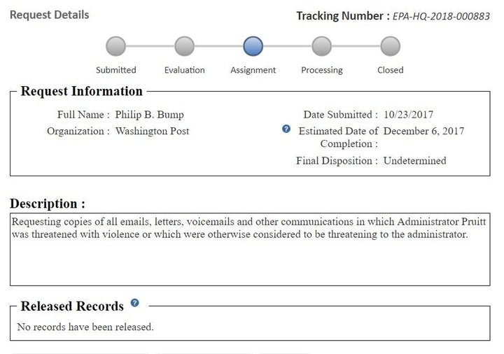 Washington Post request to the EPA on any information about death threats against Scott Pruitt.