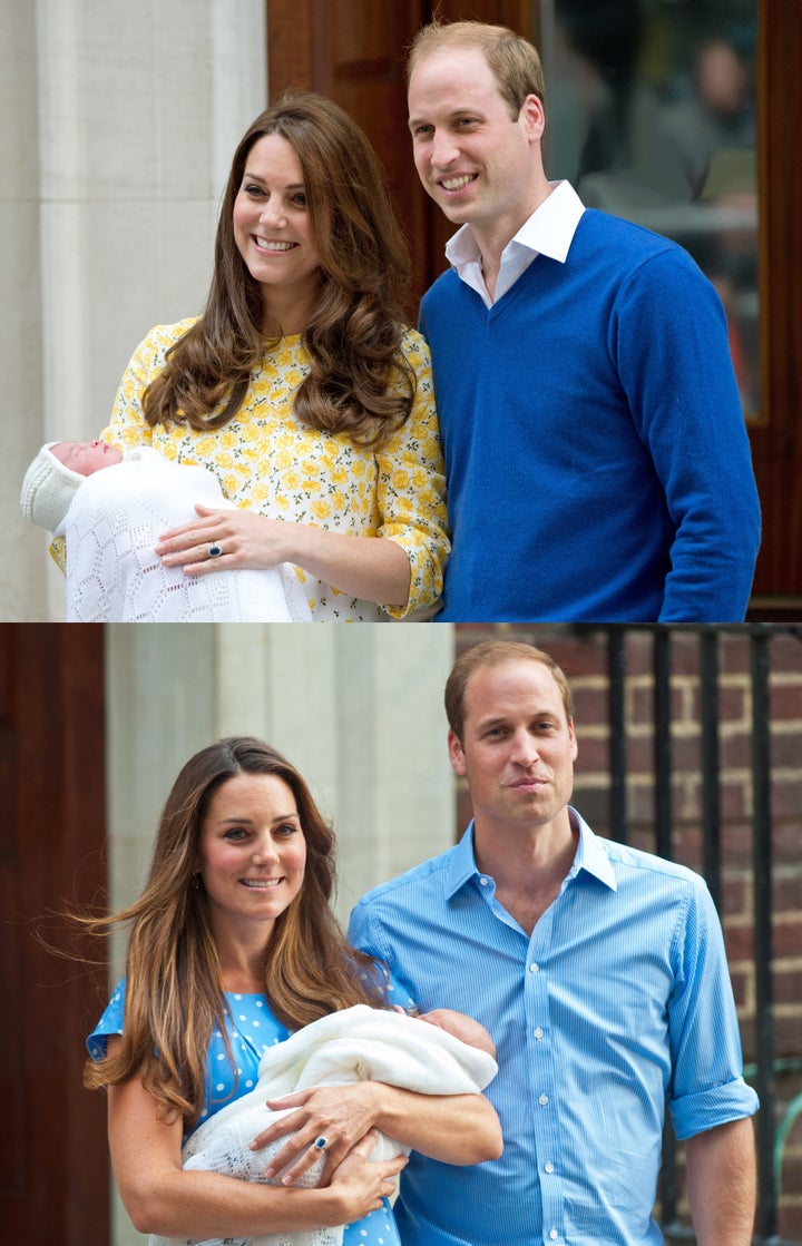 A comparison picture showing Catherine, Duchess of Cambridge and Prince William, Duke of Cambridge outside the Lindo Wing of St. Mary's Hospital in London for the birth of Prince George of Cambridge (above) and the birth of the Princess of Cambridge (below). Prince George was born on 22 July 2013 and the Princess of Cambridge on 2 May 2015. 