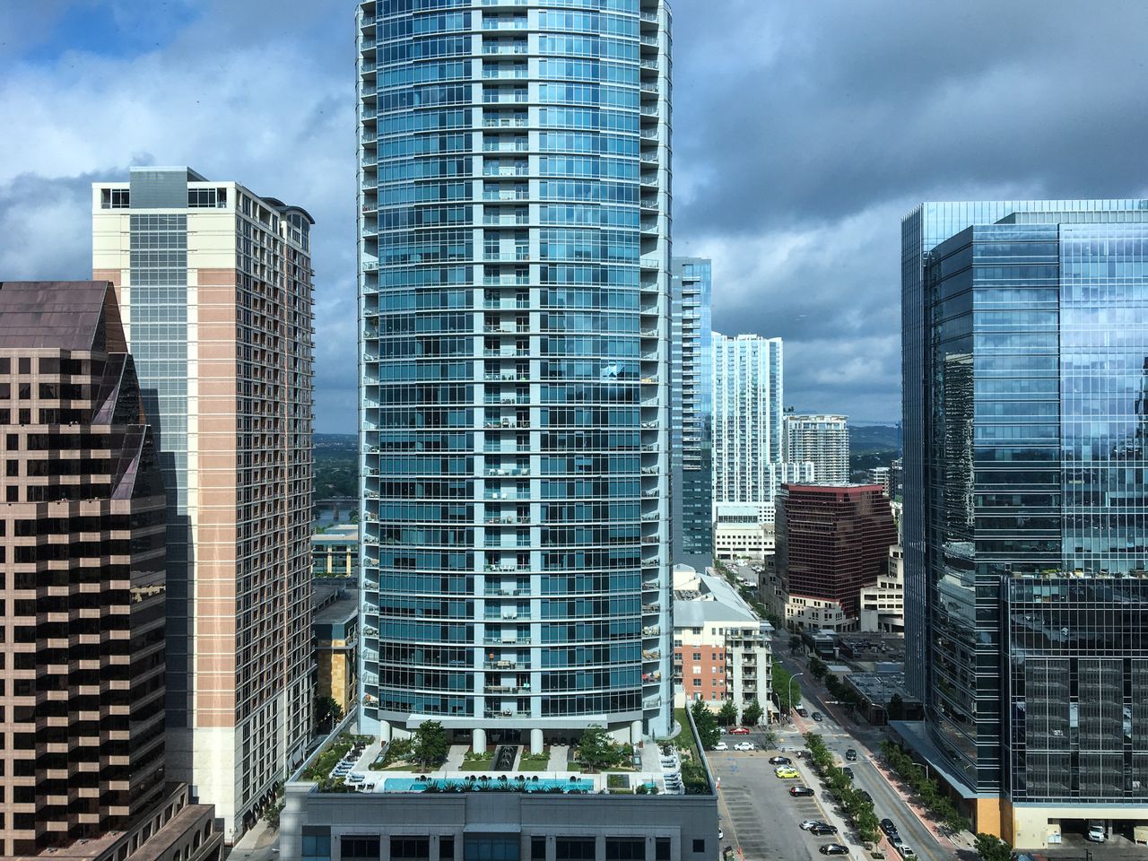 New downtown high-rise condominiums and office spaces recently built in Austin, Texas, which is experiencing a boom based on tourism and high-tech businesses.