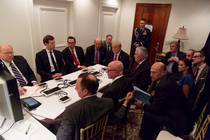 U.S. President Donald Trump is shown in an official White House handout image meeting with his National Security team at his Mar-a-Lago resort in West Palm Beach, Florida, U.S. April 6, 2017. White House Press Secretary Sean Spicer stated that this image has been digitally edited for security purposes when he released the photo via Twitter on April 7, 2017. Pictures clockwise from top L: Deputy Chief of Staff Joe Hagin, Senior Advisor Jared Kushner, Treasury Secretary Steven Mnuchin, Commerce Secretary Wilbur Ross, White House Press Secretary Sean Spicer, President Trump, Secretary of State Rex Tillerson, Senior advisor Steve Bannon, Senior advisor Stephen Miller, national security aide Michael Anton, Deputy National Security Advisor for Strategy Dina Powell, National Economic Council Director Gary Cohn, National security adviser Lt. Gen. H.R. McMaster and Chief of Staff Reince Priebus. (The White House/Handout via REUTERS)