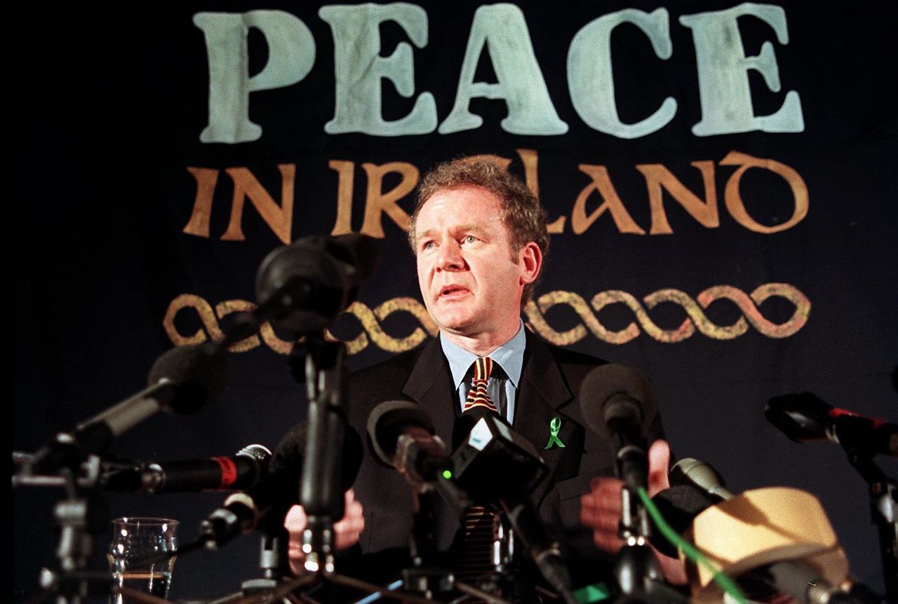 Martin McGuinness answering questions during a press conference in London, 26 February 1998