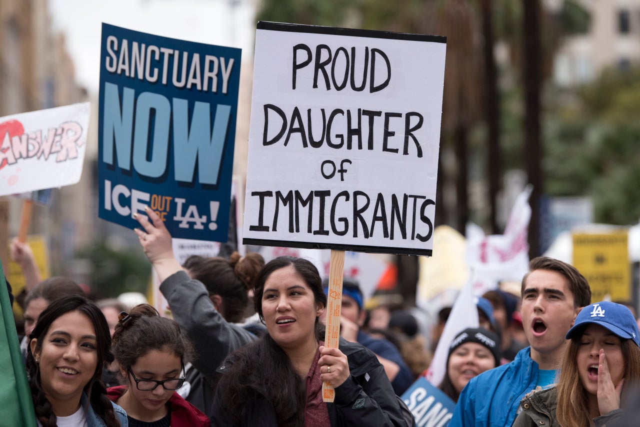 Protesters at a pro-immigration rally in Los Angeles, on Feb. 18, 2017. Organizers called for a stop to ICE raids and deportations of illegal immigrants and to officially establish LA as a sanctuary city.