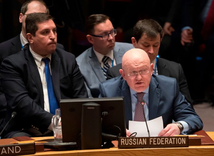 Russian Ambassador to the UN Vassily Nebenzia speaks during the United Nations Security Council