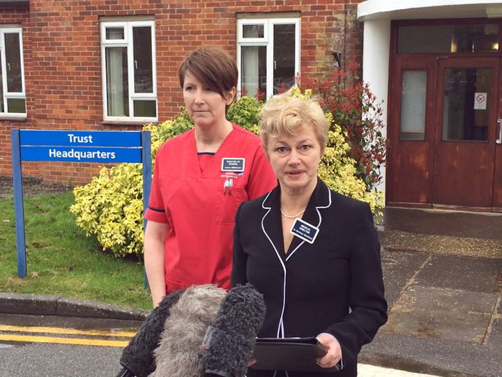 Dr Christine Blanshard, Medical Director, and Lorna Wilkinson, director of nursing, make a statement outside Salisbury District Hospital to announce Yulia Skripal has been discharged