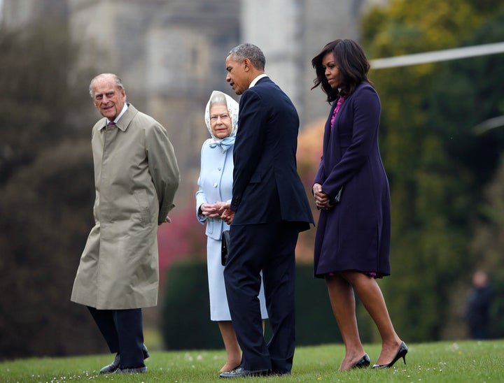 Prince Philip, Queen Elizabeth II, then-President Barack Obama and first lady Michelle Obama at Windsor Castle on April 22, 2016.