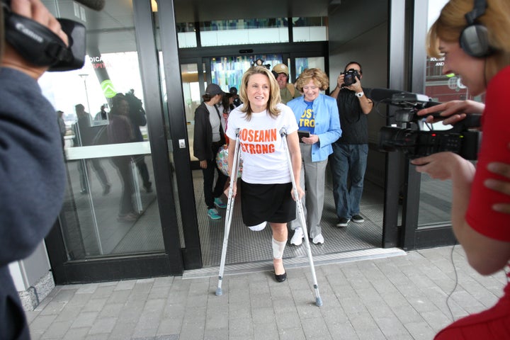 Marathon bombing survivor Roseann Sdoia leaves Spaulding Rehabilitation Hospital in Boston on May 14, 2013. 