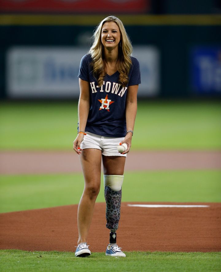 Rebekah Gregory throws out the first pitch at Minute Maid Park in Houston on July 21, 2015.