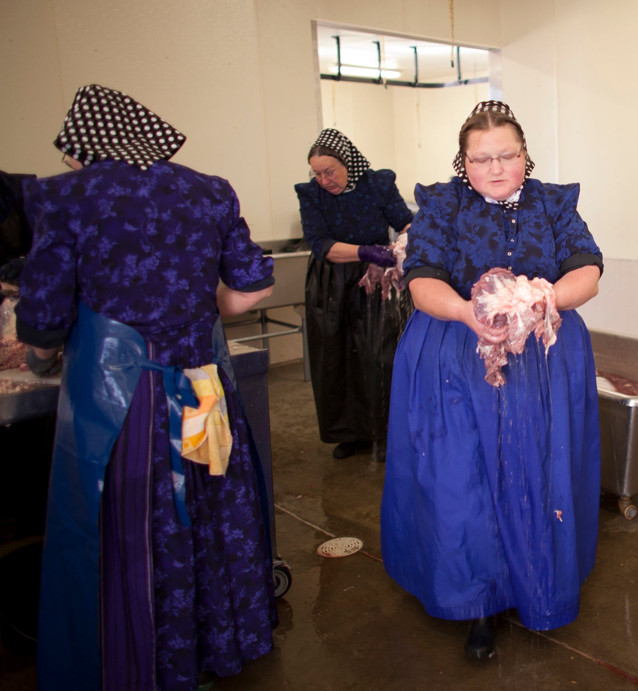 Women handle much of the butchering in the colony.