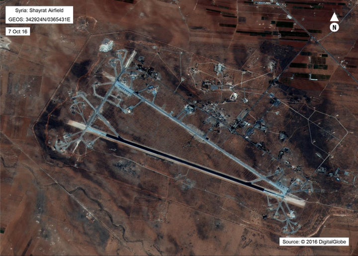 Shayrat Airfield in Homs, Syria is seen in this DigitalGlobe satellite image released by the U.S. Defense Department on April