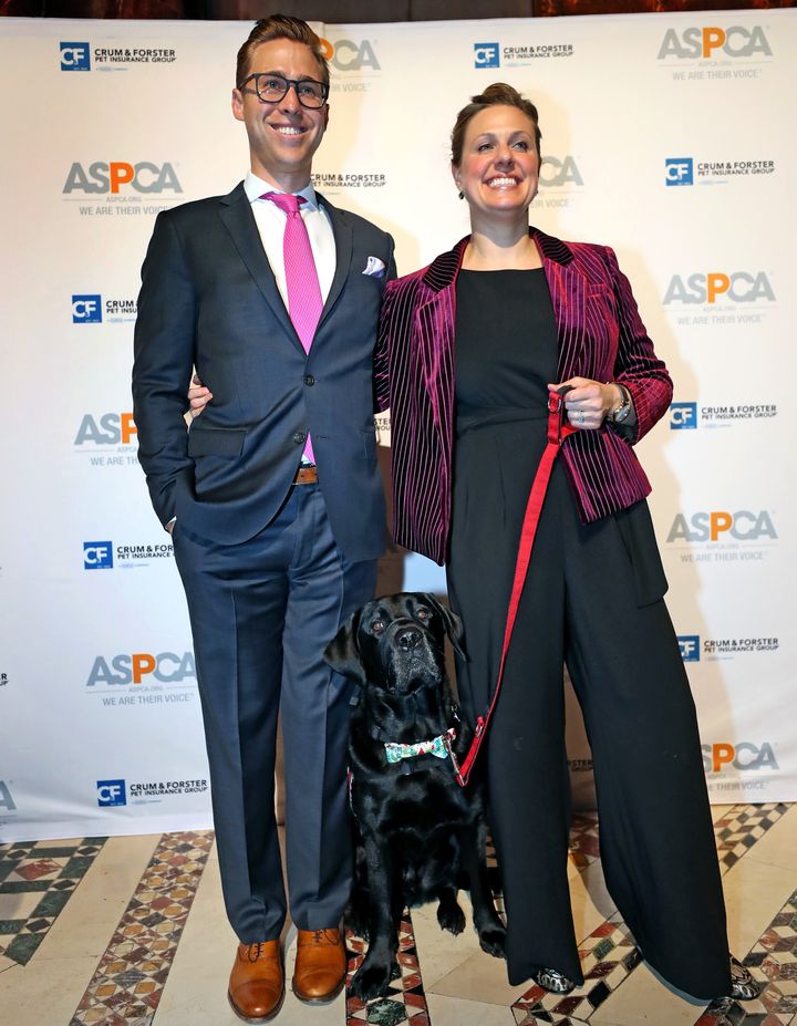 Downes and Kensky pose for photos with Rescue at the ASPCA Humane Awards in New York City in November.