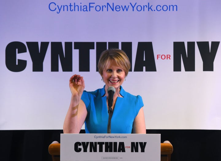 Cynthia Nixon speaks to people at the Bethesda Healing Center in Brooklyn, New York, on March 20, 2018.