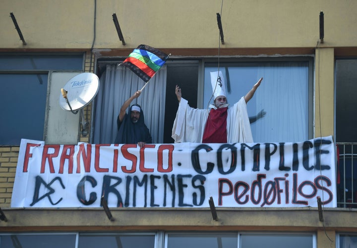 People demonstrate against Pope Francis' visit to Chile on January 16, 2018.