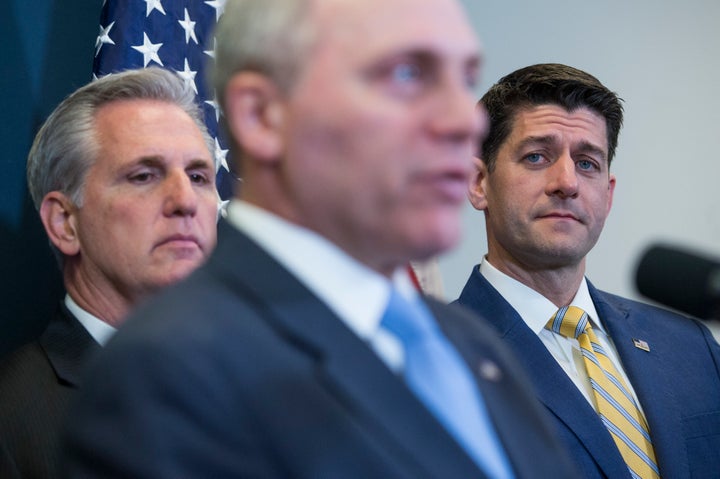 House Majority Leader Kevin McCarthy (R-Calif.), Majority Whip Steve Scalise (R-La.) and Speaker of the House Paul Ryan (R-Wis.) on March 06, 2018. 