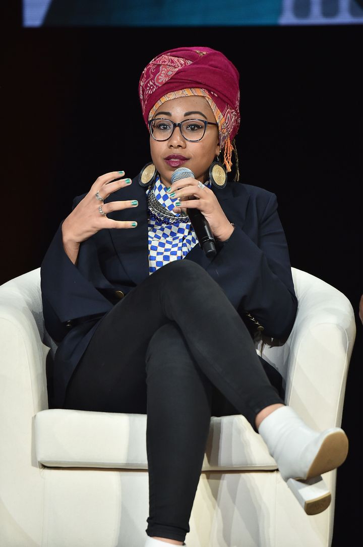 Author and activist Yassmin Abdel-Magied speaks on Sept. 19, 2017, in New York City. Her attempt to come to the U.S. for a speaking engagement next week was halted when she wasn't allowed past customs in Minneapolis.