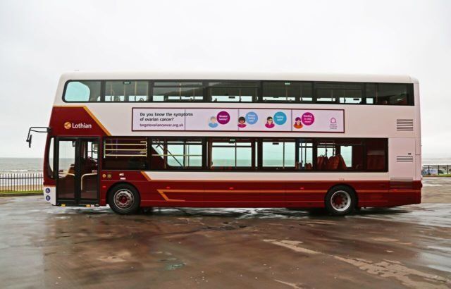 A Lothian buses vehicle with the new signage highlighting the four symptoms of ovarian cancer 