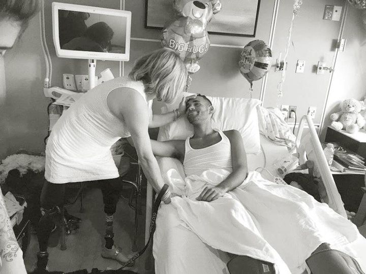 Boston survivor Celeste Corcoran, who lost both of her legs in the 2013 attack, visits Pulse nightclub shooting survivor Angel Colon at the hospital.