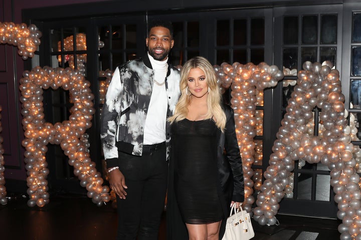 Tristan Thompson and Khloe Kardashian pictured together at his birthday party. 