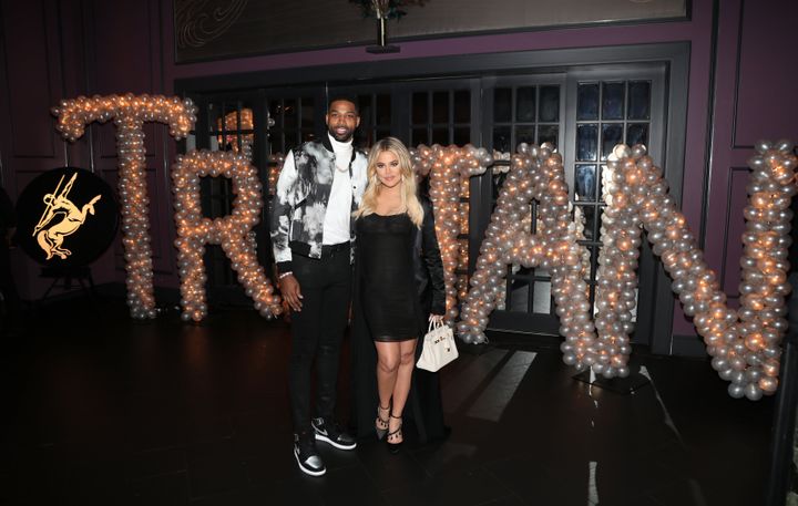 Tristan Thompson and Khloe Kardashian pictured together at his birthday party. 