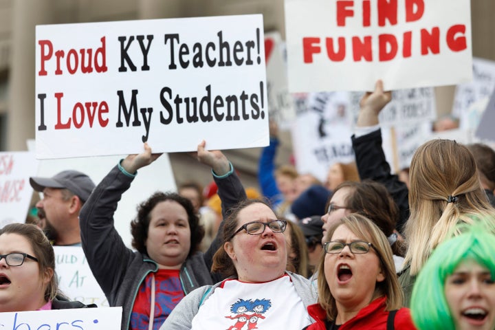 Kentucky teachers rally outside the state Capitol on April 2. They plan to return on Friday to protest pension changes, potential budget cuts and charter schools.