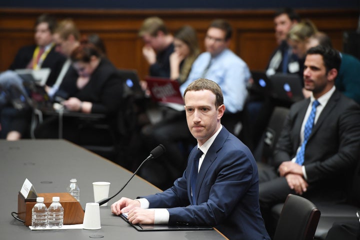 Facebook CEO Mark Zuckerberg appears at a House Energy and Commerce Committee hearing on Wednesday. His time on Cap