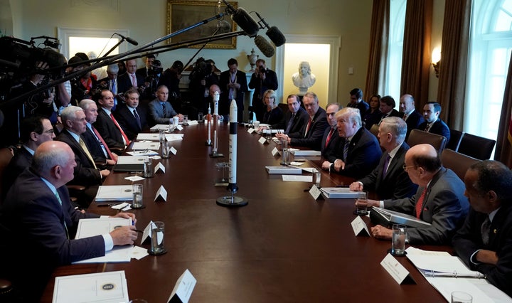 President Donald Trump with members of his Cabinet at the White House on March 8.