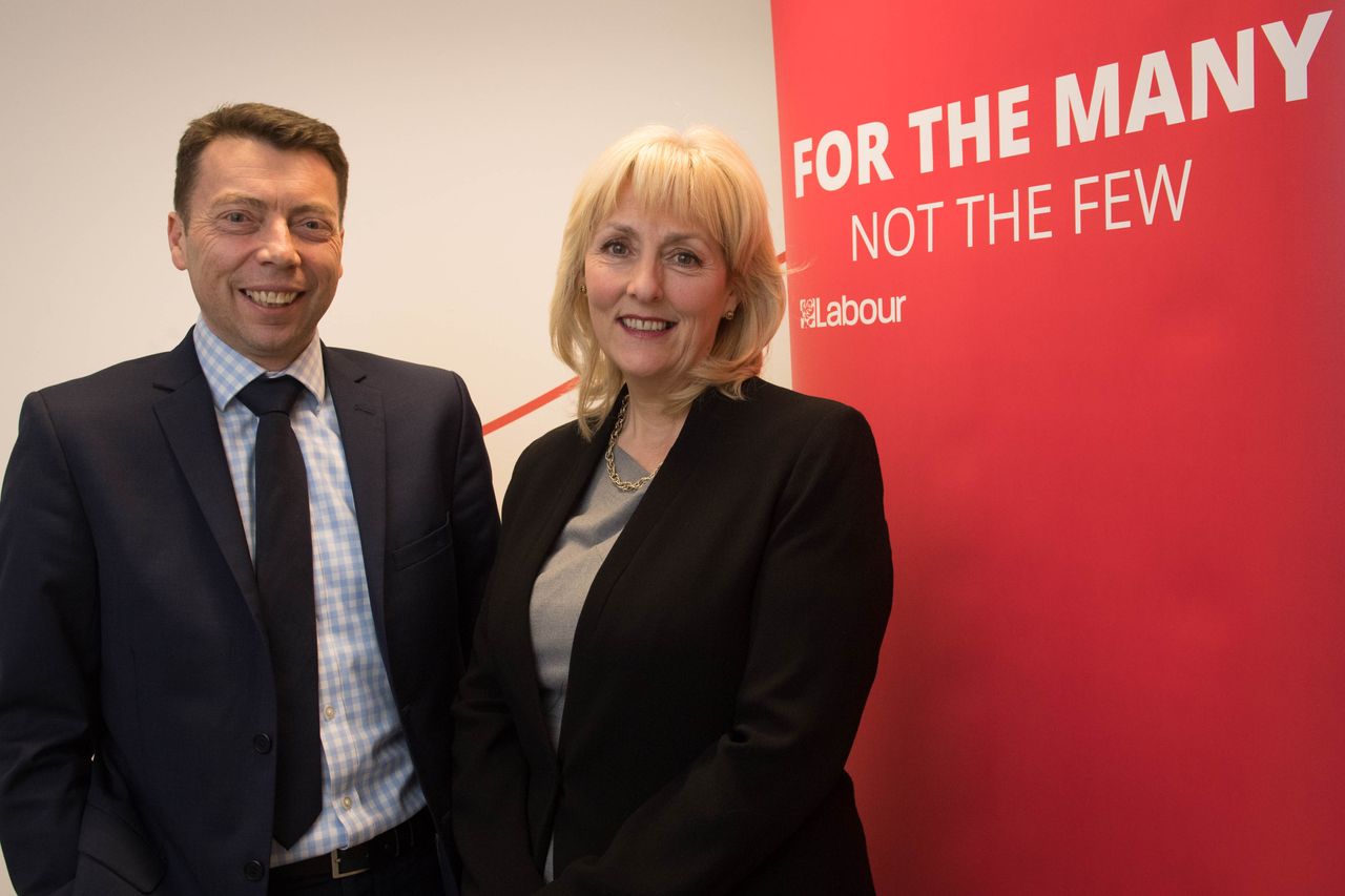 Jennie Formby at the Labour headquarters in central London with Iain McNicol, after she was appointed as the party's new general secretary.