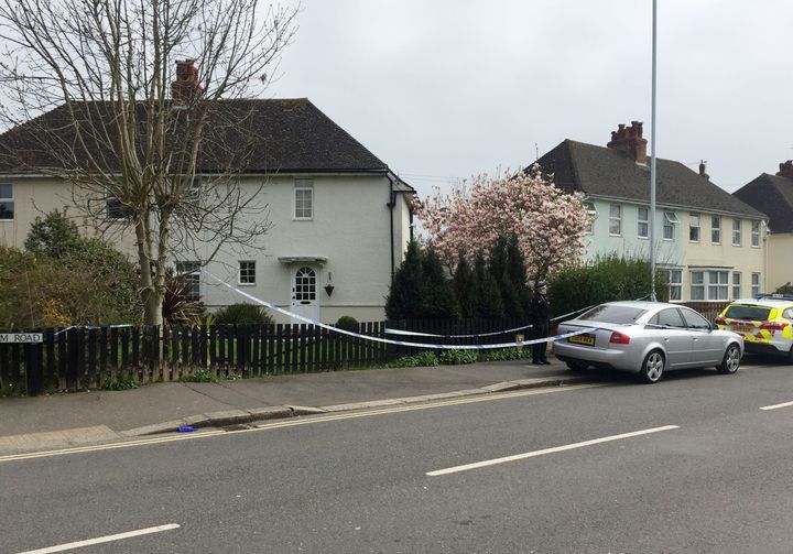 Police at the scene in Worthing, West Sussex, where a man and a woman were found dead at a house in the early hours of Friday.