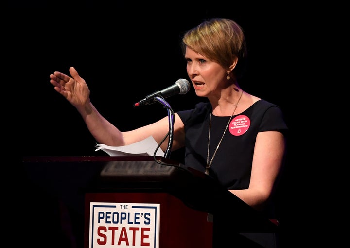 Democrat Cynthia Nixon, seen here speaking in New York City on Jan. 29, 2018, is embracing her role as a progressive maverick in her bid against New York Gov. Andrew Cuomo (D).