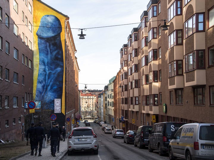 Carolina Falkholt's piece is seen in Stockholm, April 11.