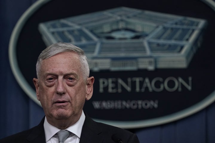 Defense Secretary Jim Mattis briefs members of the media on the Syria airstrikes at the Pentagon on Friday night.