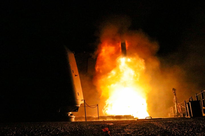 The Navy cruiser USS Monterey fires a Tomahawk land attack missile on April 14, 2018.