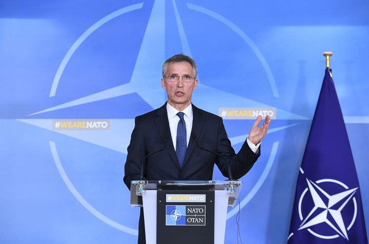NATO General Secretary Jens Stoltenberg addresses a press conference in reaction of the strikes against Syria by France, the United Kingdom and the United States, at NATO headquarters in Brussels