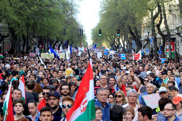 People take to the streets in Budapest to oppose the government of Prime Minister Viktor Orbán on April 14.