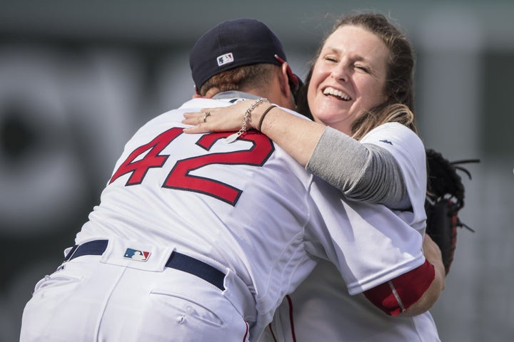 Sdoia reacts after throwing out the ceremonial first pitch at Fenway Park in Boston on April 15, 2017.