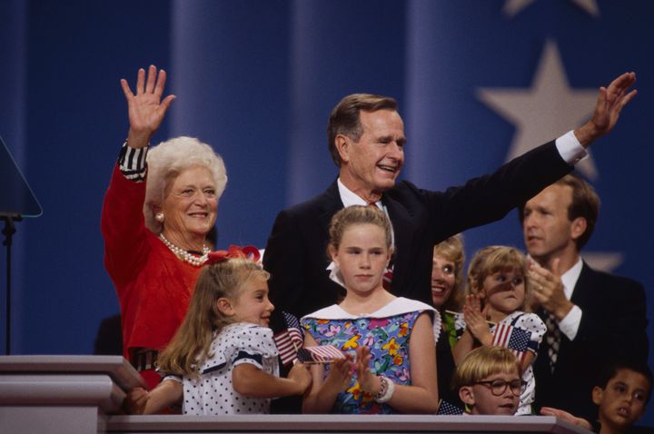 Barbara Bush and her husband, then-President George H.W. Bush, were surrounded by family members after he accepted the Republican nomination for re-election at the GOP's national convention in Houston in 1992. 