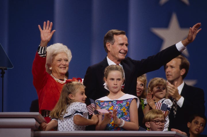 Barbara Bush and her husband, then-President George H.W. Bush, were surrounded by family members after he accepted the Republican nomination for re-election at the GOP's national convention in Houston in 1992.