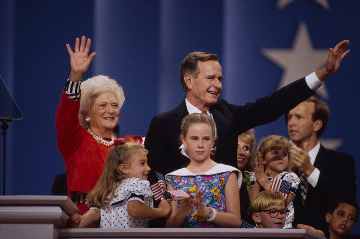 Barbara Bush and her husband, then-President George H.W. Bush, were surrounded by family members after he accepted the Republican nomination for re-election at the GOP's national convention in Houston in 1992. 