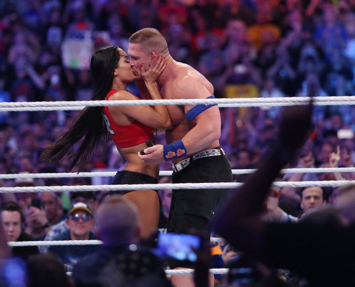 John Cena and Nikki Bella get engaged during WrestleMania 33 on April 2, 2017, in Orlando, Florida.