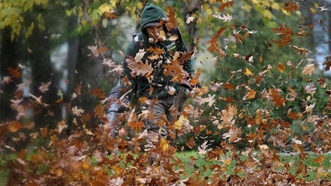 A leaf-blowing landscaper clears a yard in Newton, Massachusetts, where residents have taken to the streets to confront yard