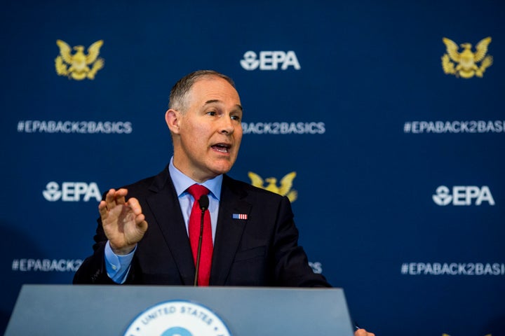 Embattled Environmental Protection Agency Administrator Scott Pruitt speaks to the press at a news conference at the EPA on April 2.