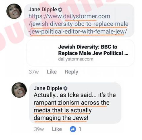 Jane Dipple shared a Daily Stormer article on Facebook headlined 'BBC to Replace Male Jew Political Editor with Female Jew'.