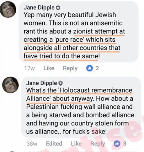 Facebook comments posted by Jane Dipple.