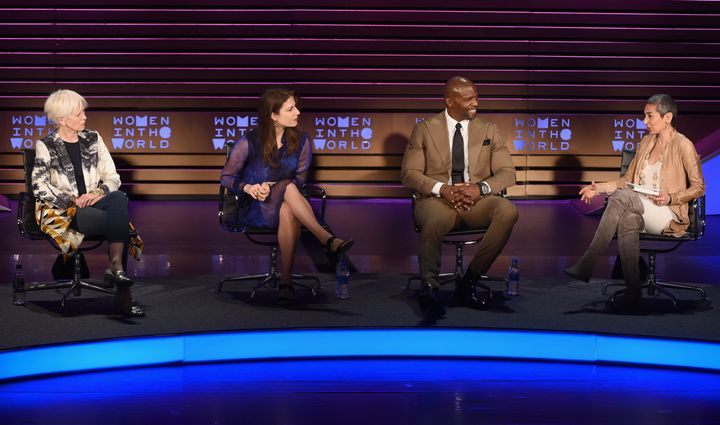 From left to right, Joanna Coles, Lauren Duca, Terry Crews and moderator Zainab Salbi are seen at the Women in the World Summit on April 14 in New York.