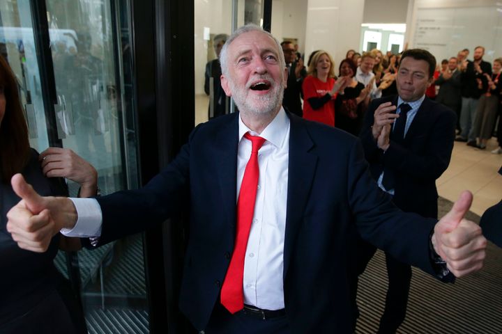Jeremy Corbyn gives a thumbs up at Labour HQ after his unexpectedly good election showing.